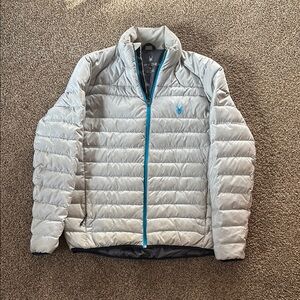Spyder Gray and Blue Puffer Jacket with Quilted Design